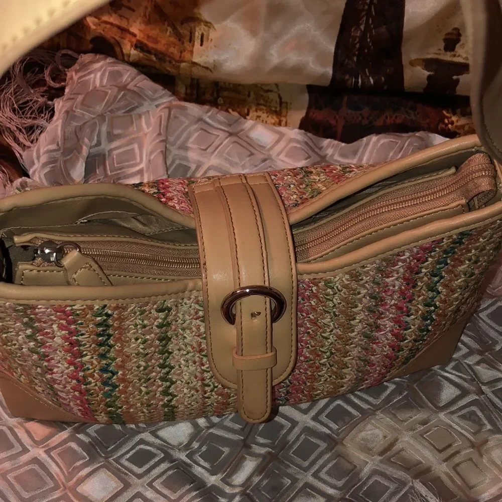Croft & Barrow Tan Multicolored Faux Leather Straw Hobo Bag